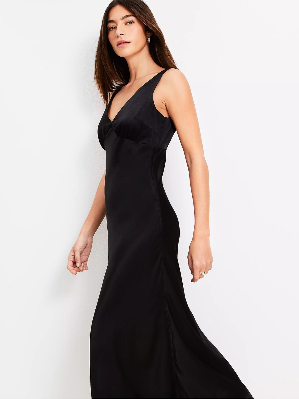 NWOT Loft Black Satin Double V Bias Midi Dress